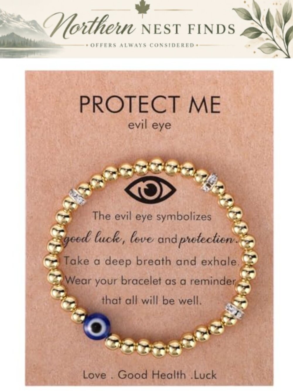 Handmade Evil Eye Beaded Bracelet Stretch 7in Copper Rhinestone Resin Lucky